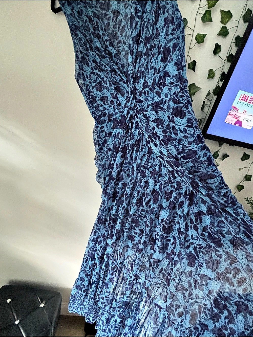 MISA Animal Print Maxi Dress in Blue & Black Like New